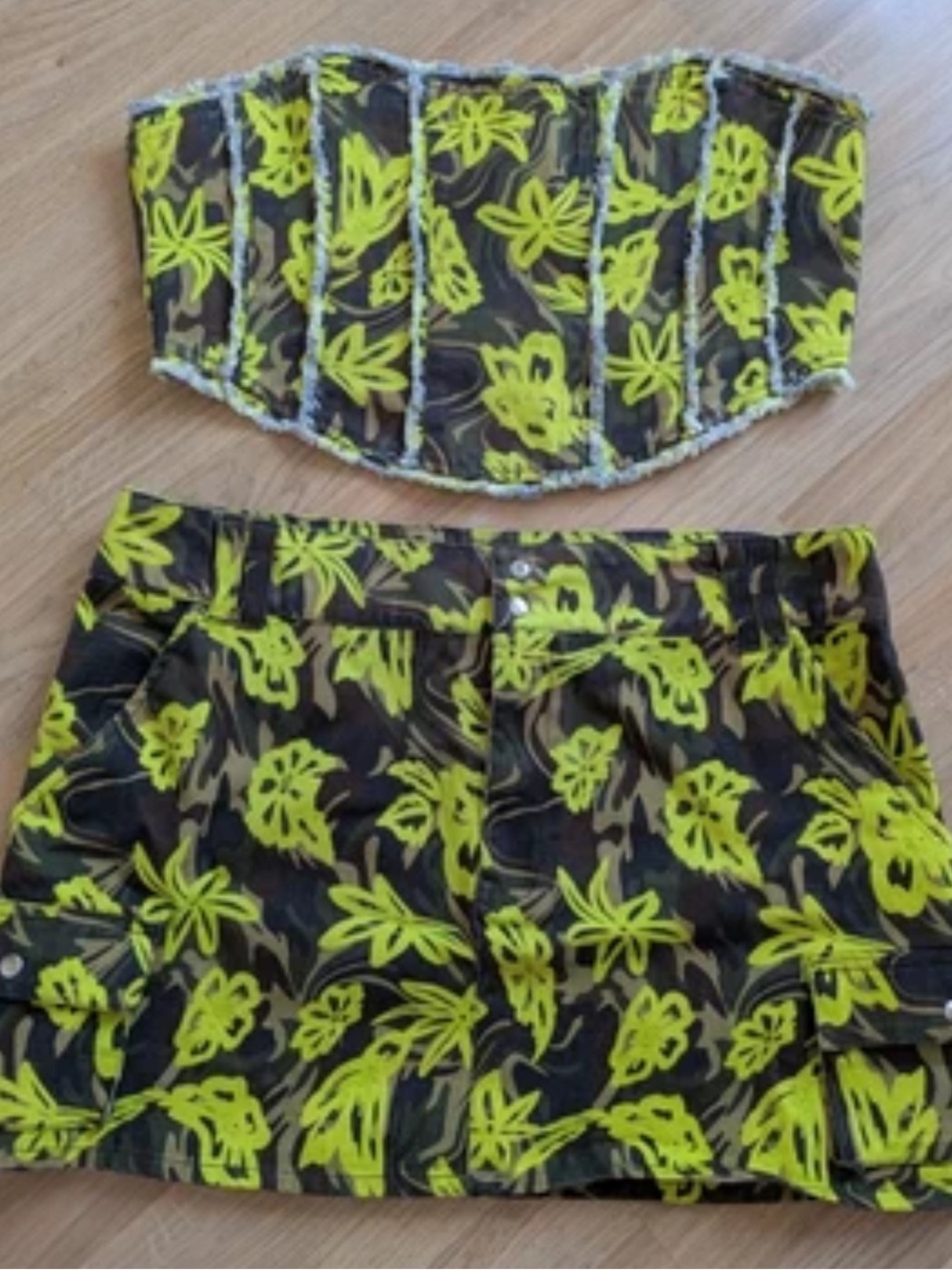 Collusion Neon Yellow-Green Camo Floral Mini Skirt Set
